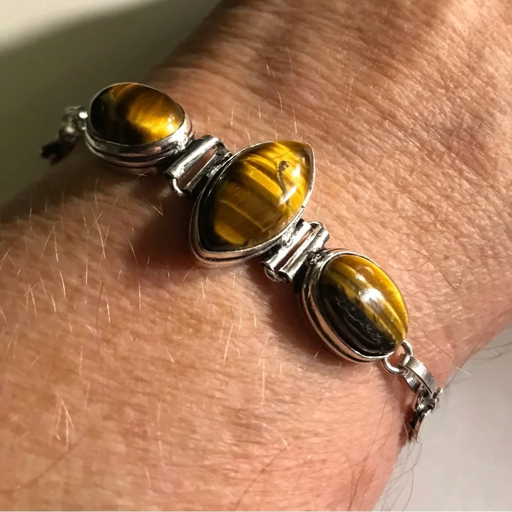 Tiger Eye Stamped 925 Sterling Silver Bracelet